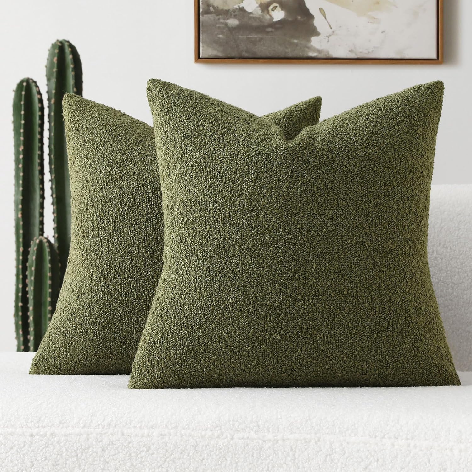 FUTEI Pack of 2 Moss Green Boucle Accent Decorative Throw Pillow Covers,18x18 In...