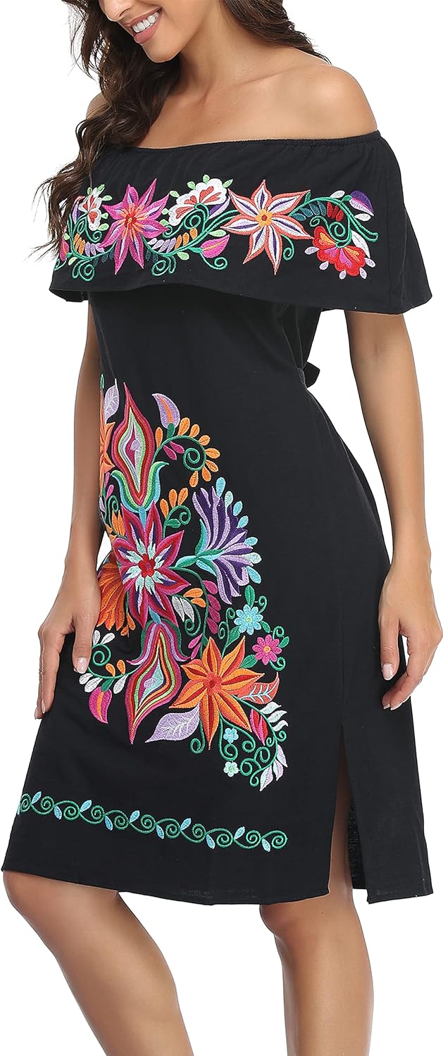 YZXDORWJ Women Mexican Embroidered Dress Ruffle Collar Sleeveless 3X-Large 623bk