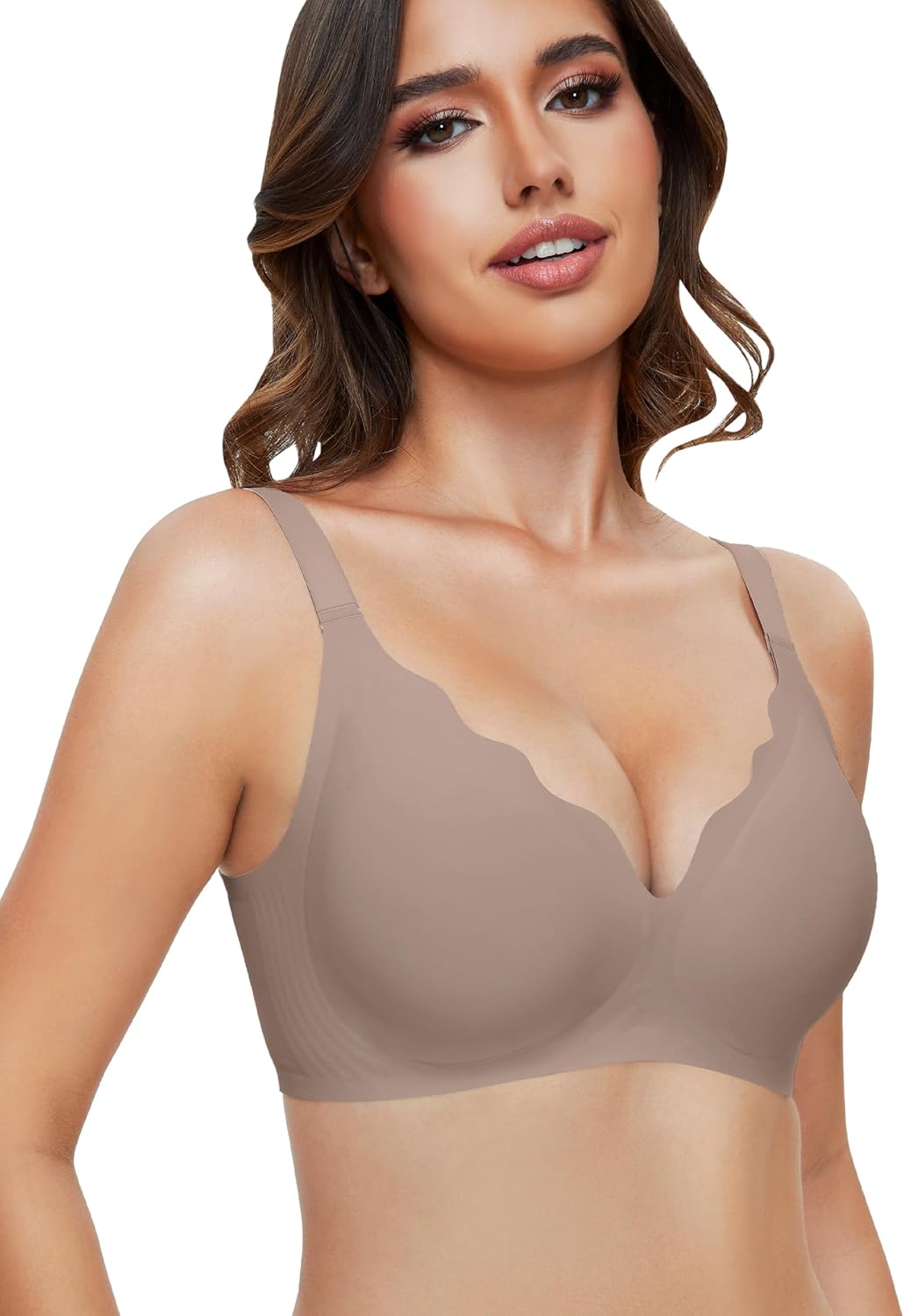 Womens Bras No Underwire Seamless Wireless Push Up Bras Scalloped Deep V Bralett...