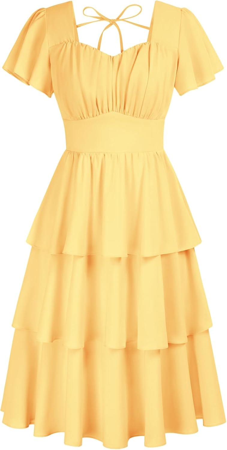 Belle Poque Women's Square Neck Tiered Ruffle Dress 2024 Summer Vintage Short Sl...
