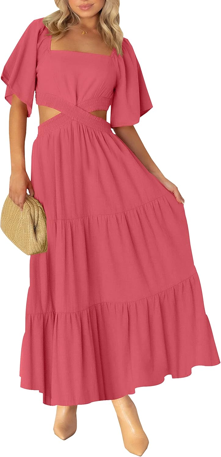 LEANI Women's 2024 Summer Cutout Maxi Dress Square Neck Short Sleeve Crossover W...
