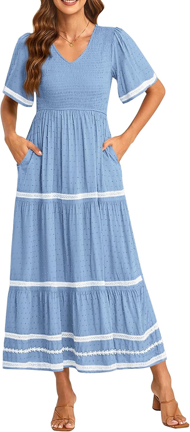 PRETTYGARDEN Women's Casual Summer Maxi Dress Short Sleeve Swiss Dot V Neck Smocked Long Flowy Beach Dresses Medium Light Blue - Testmarket Special Deals PRETTYGARDEN Women's Casual Summer Maxi Dress Short Sleeve Swiss Dot V Neck Smocked Long Flowy Beach Dresses Medium Light Blue - Testmarket Special Deals
