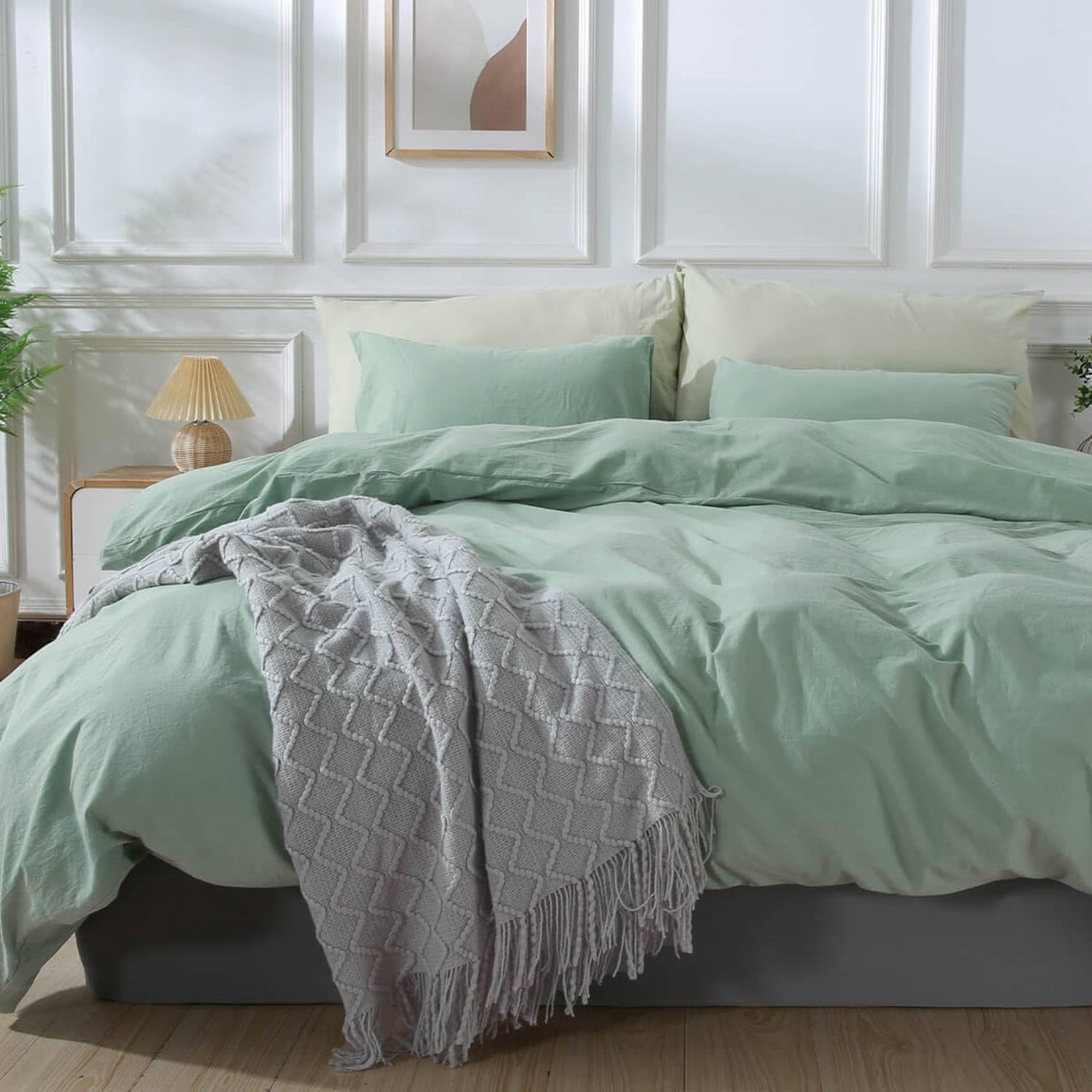 NEXHOME PRO Green Duvet Cover Set Super King 108"x98" Linen Feel Textured Organi...