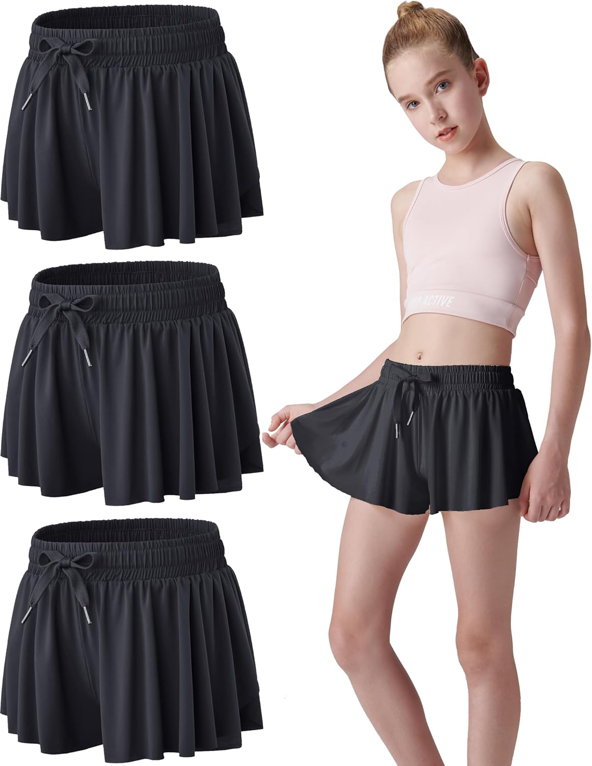 3 Pack Girls Flowy Shorts with Spandex Liner 2-in-1 Youth Butterfly Skirts for F...
