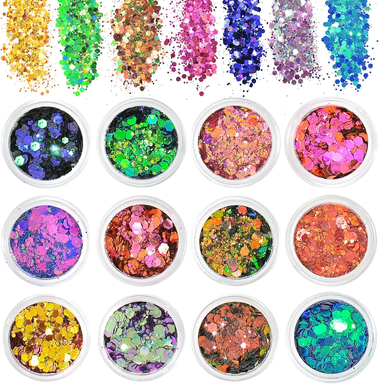 AOOWU Chunky Glitter, 12 Colors Festival Glitter, Nail Glitter Powder, Holograph...