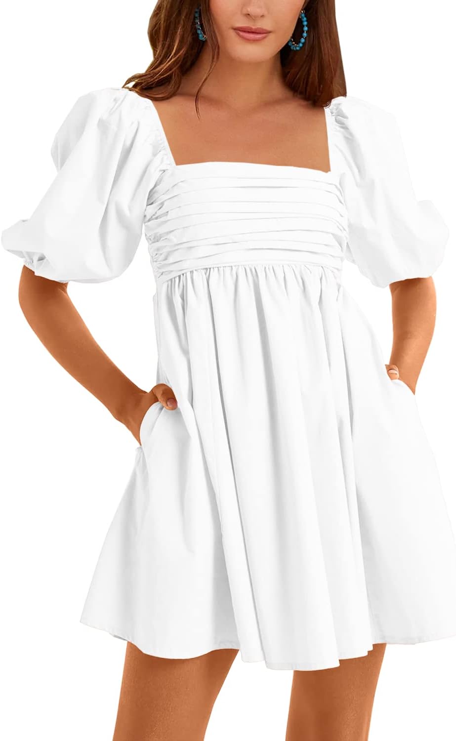 Ebifin Womens Square Neck Dresses Half Puff Sleeve High Waist A-Line Casual Back...