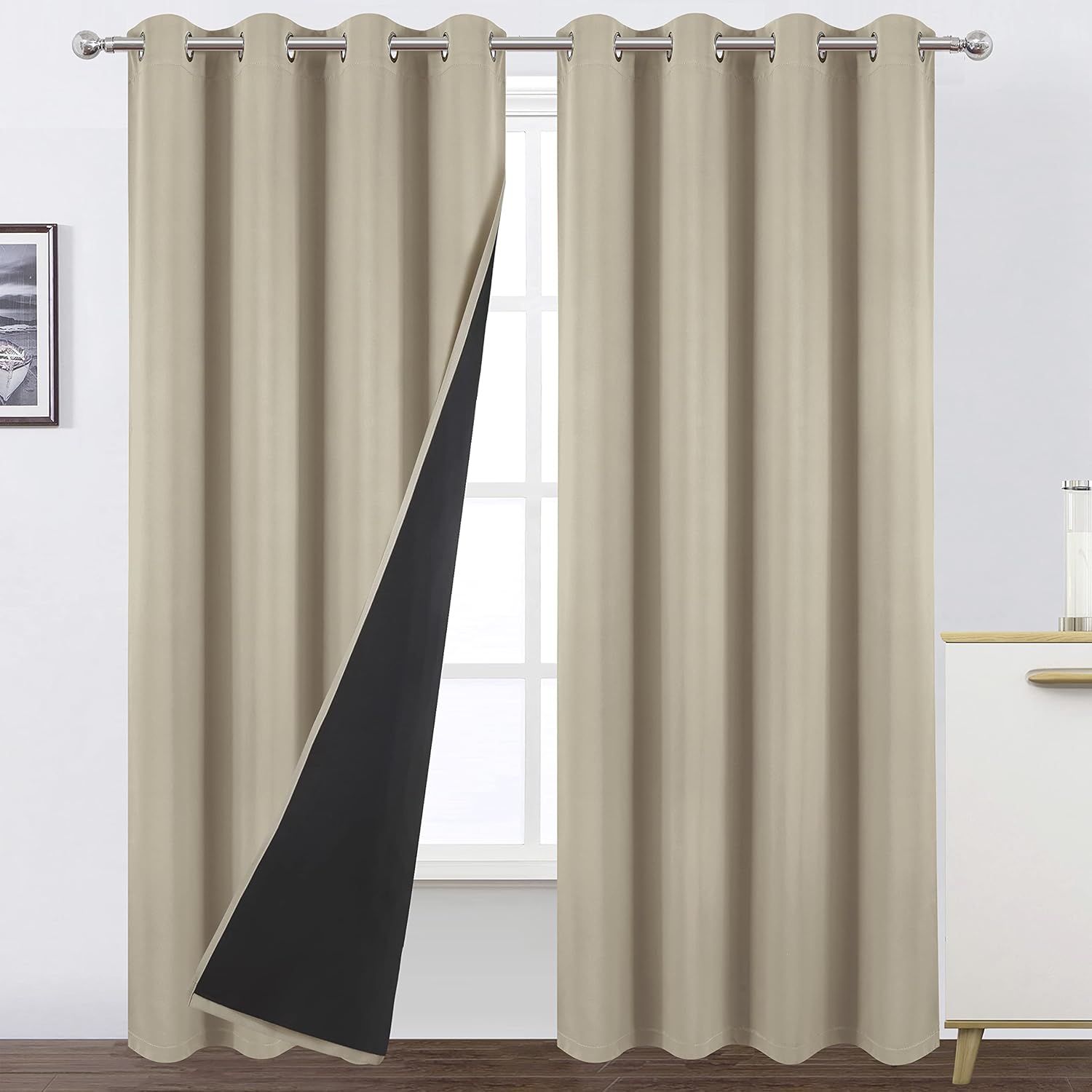 LEMOMO Beige Thermal 100% Blackout Curtains/52 x 95 Inch/Set of 2 Panels Room Da...