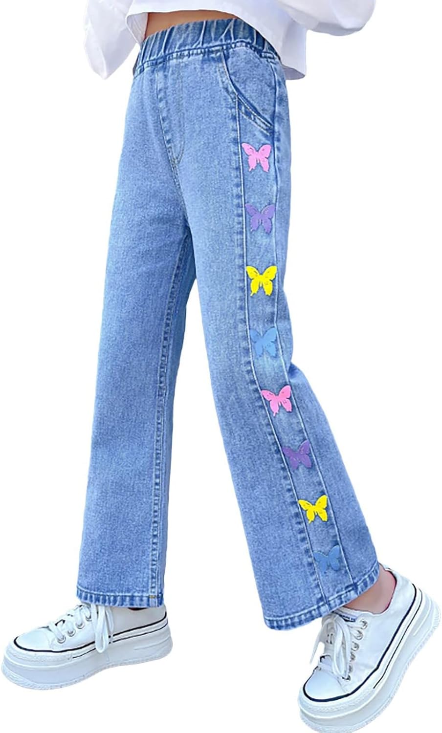 Rolanko Girls Jeans, Special Denim Elastic Waist Baggy Pants, Innovative Wide Le...