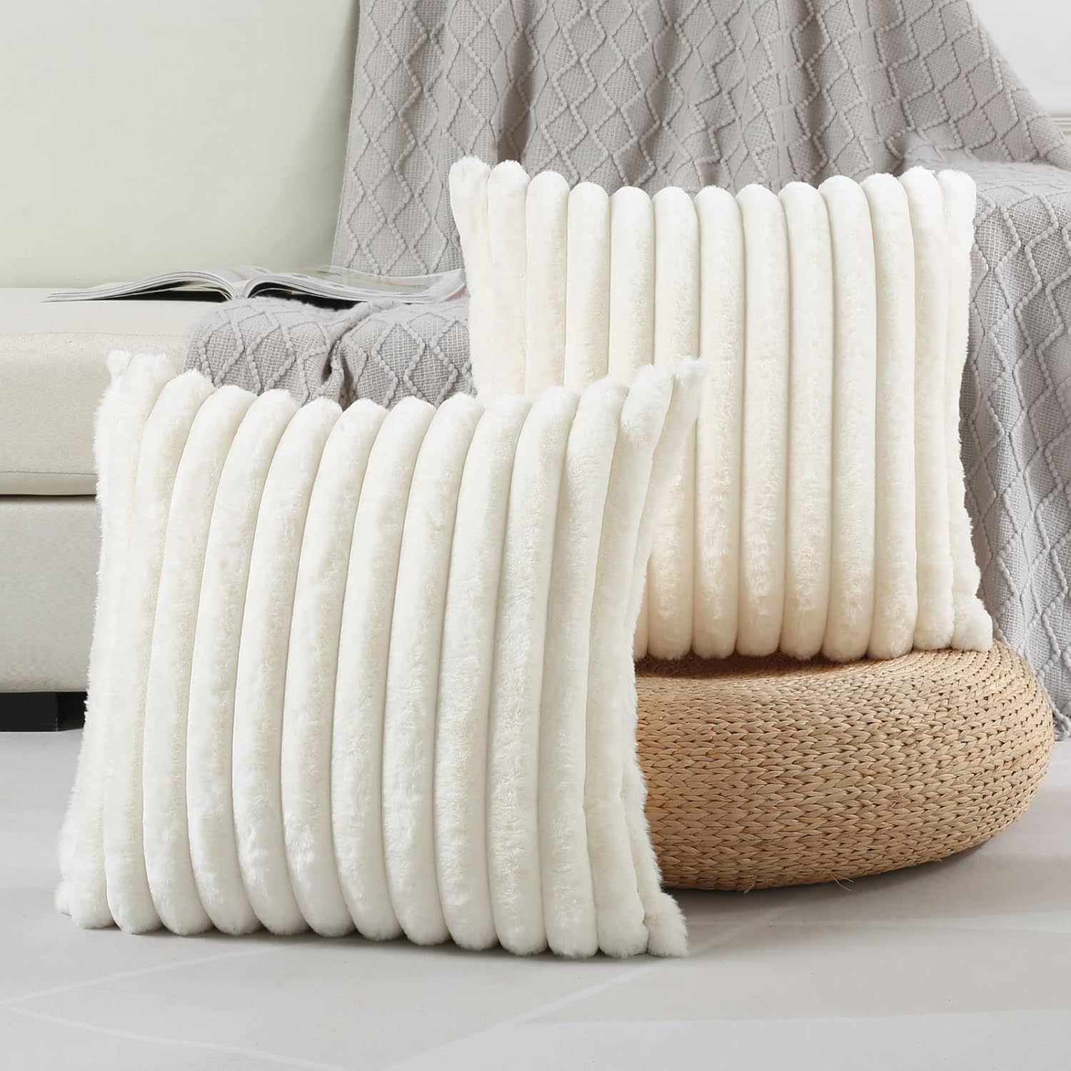FUTEI Cream White Striped Decorative Throw Pillow Covers 18x18 Inch Set of 2,Squ...