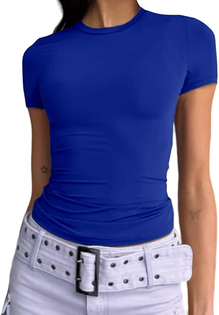 Abardsion Women's Casual Basic Going Out Crop Tops Slim Fit Short Sleeve Crew Ne...