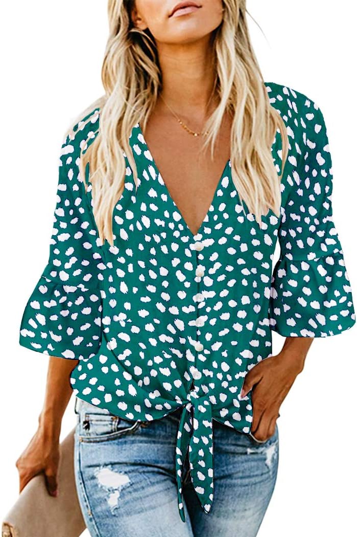 Kancystore Womens Button Down V Neck Tie Knot Front Tops 3/4 Sleeve Chiffon Casu...