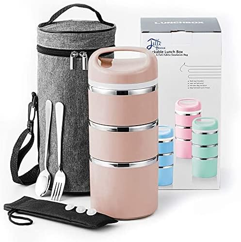 Lille Home Stackable Stainless Steel Thermal Compartment Lunch/Snack Box, 3-Tier...