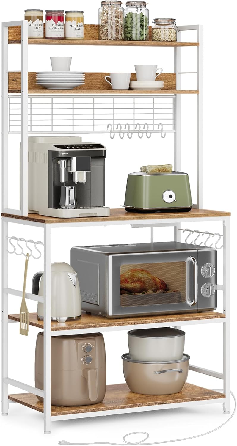 VASAGLE Hutch Bakers Rack with Power Outlet, 14 Hooks Microwave Stand, Adjustabl...