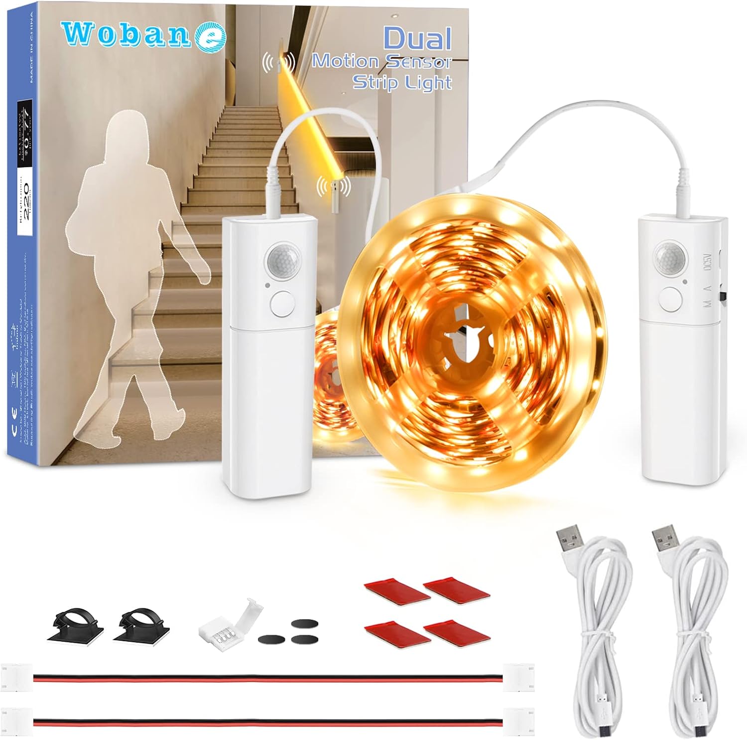 WOBANE Rechargeable Motion Sensor LED Strip Light,5m Wireless LED Stair Lights w...