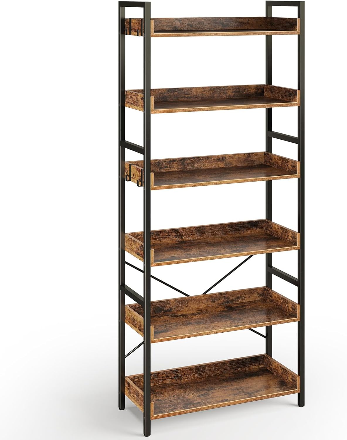 Rolanstar Bookshelf 6 Tier with 4 Hooks, Industrial Bookcase, Vintage Storage Ra...