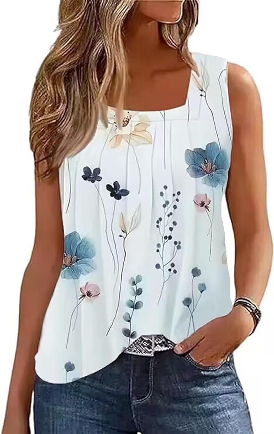 AIMITAG Color Block Tank Top, Unique Ruffled Square Collar Tank Tee for Women, S...