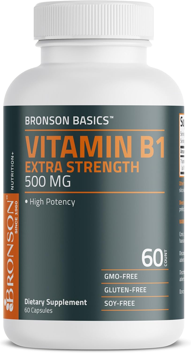 Bronson Vitamin B1 Extra Strength 500 MG High Potency Non-GMO, 60 Capsules Unfla...