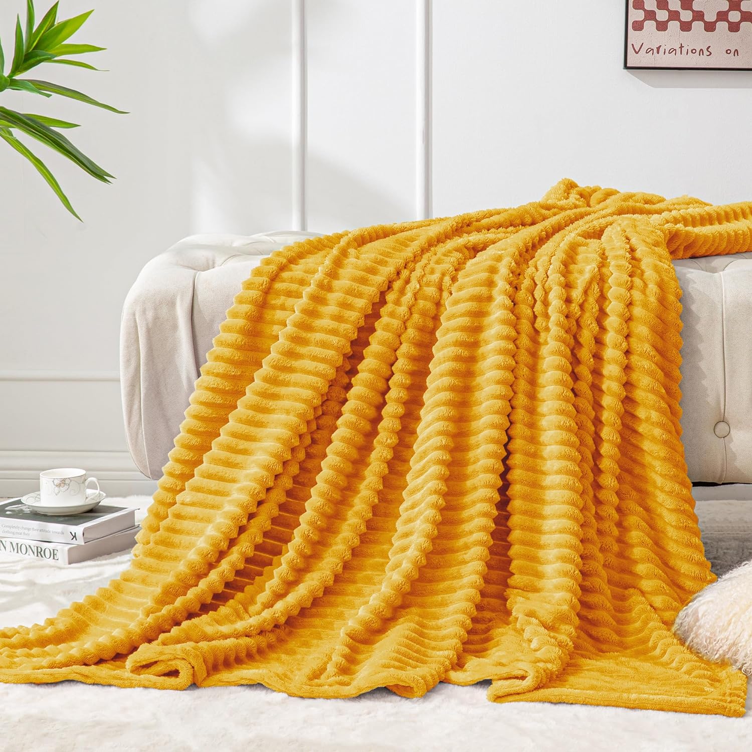 BEDELITE Fleece Blanket - 3D Ribbed Jacquard Decorative Yellow Throw Blanket for...