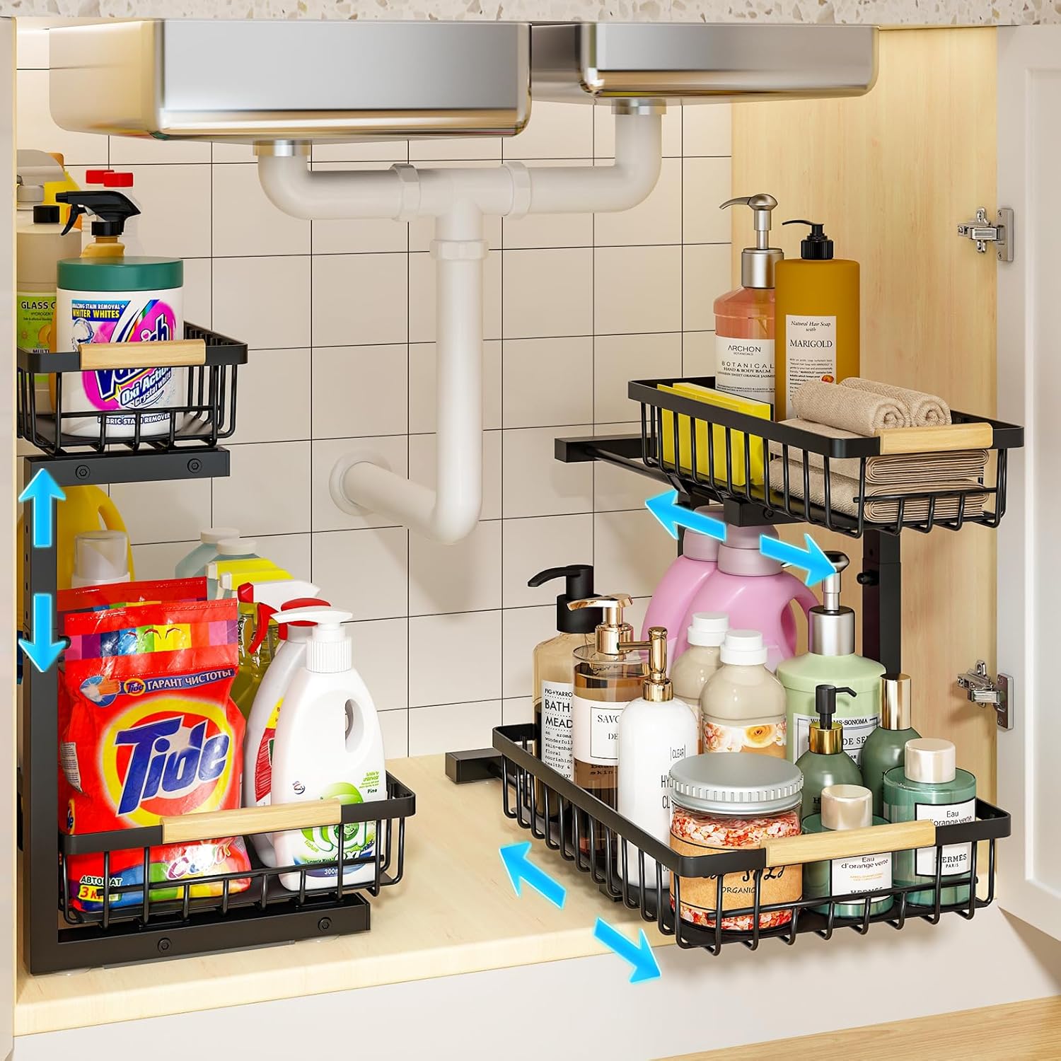 REALINN Under Sink Organizer, 2 Pack Height Adjustable Under Sink Organizers and...