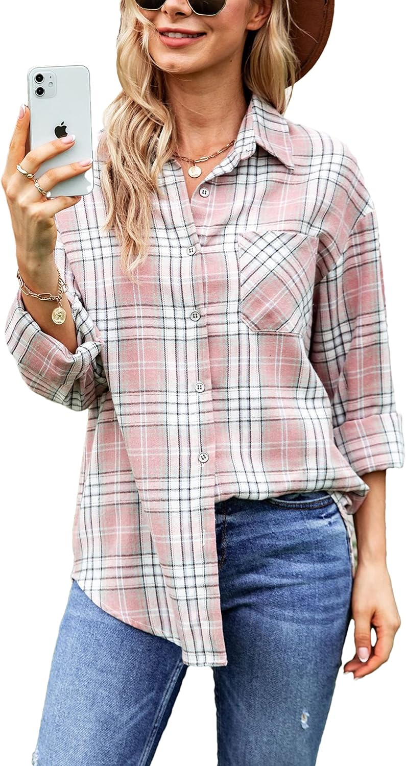 Oversized Womens Flannel Plaid Soft Flannel Button Down Shirt Roll Up Long Sleev...