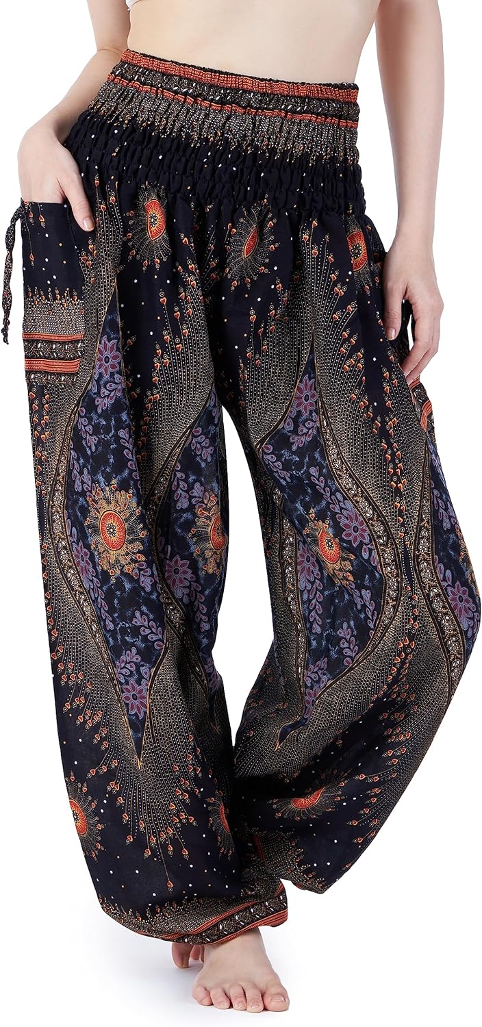 Lannaclothesdesign Women's Smocked Waist Boho Flowy Yoga Harem Pants Hippie Clot...