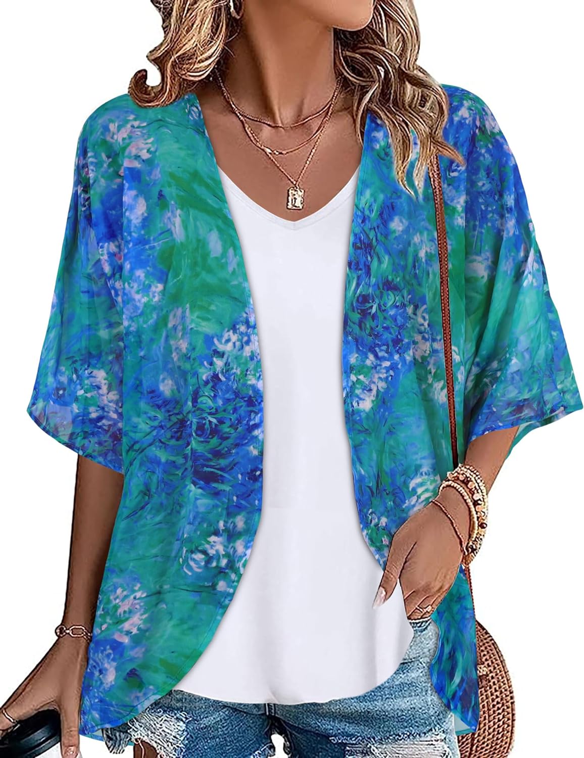 Womens Kimono Beach Cover Up Chiffon Cardigan Floral Tops Loose Capes Large Gree...