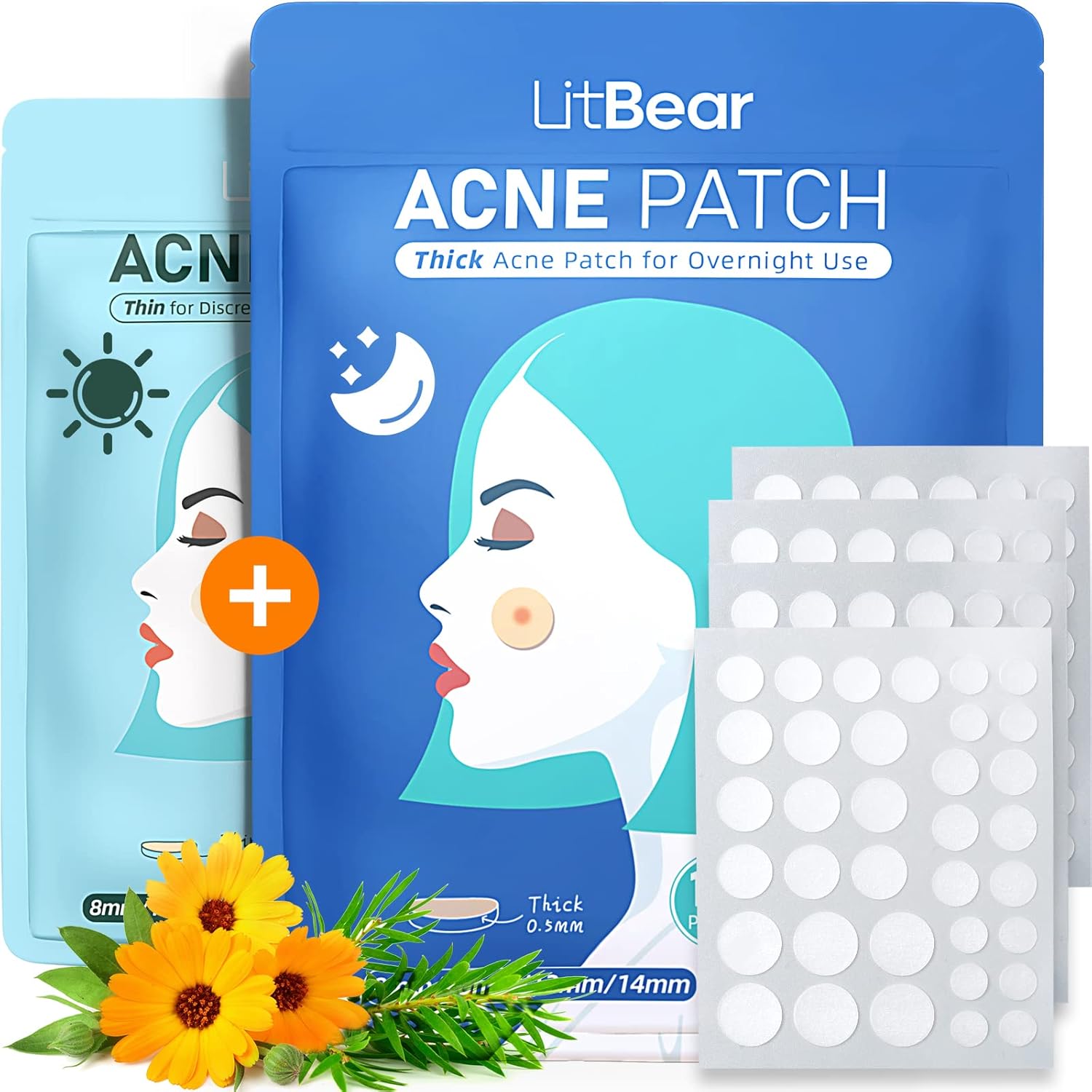 LitBear Acne Pimple Patches- Day and Night 4 Sizes 180 Dots Thin & Thick Hydroco...