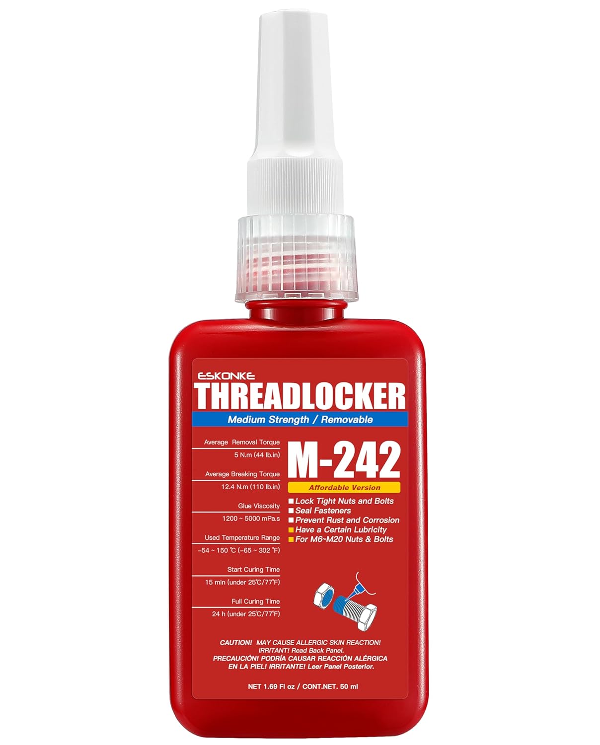 Blue Thread Locker 242 Medium Strength Removable 1.69 Fl oz/50 ml Nuts & Bolts L...