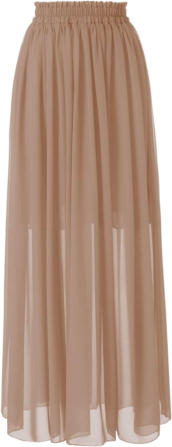Topdress Women's Chiffon Skirts Elastic High Waist Tea Length A-line Ruffle Beac...
