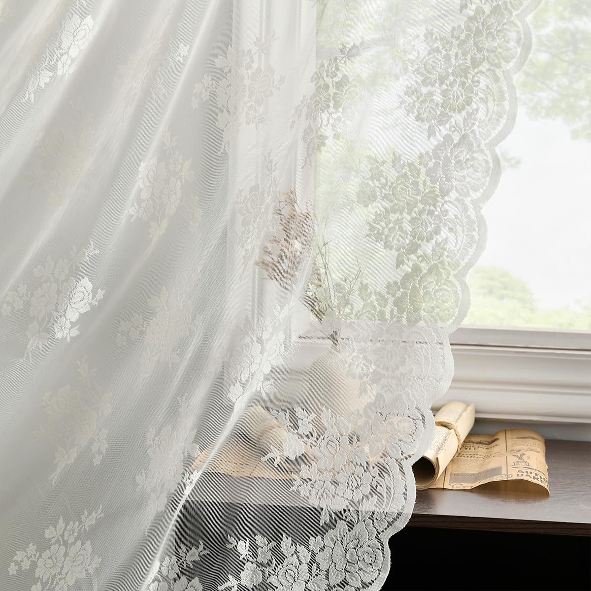 Kotile Ivory Lace Curtains 84 Inches Long - Vintage Embroidered Floral Sheer Lac...