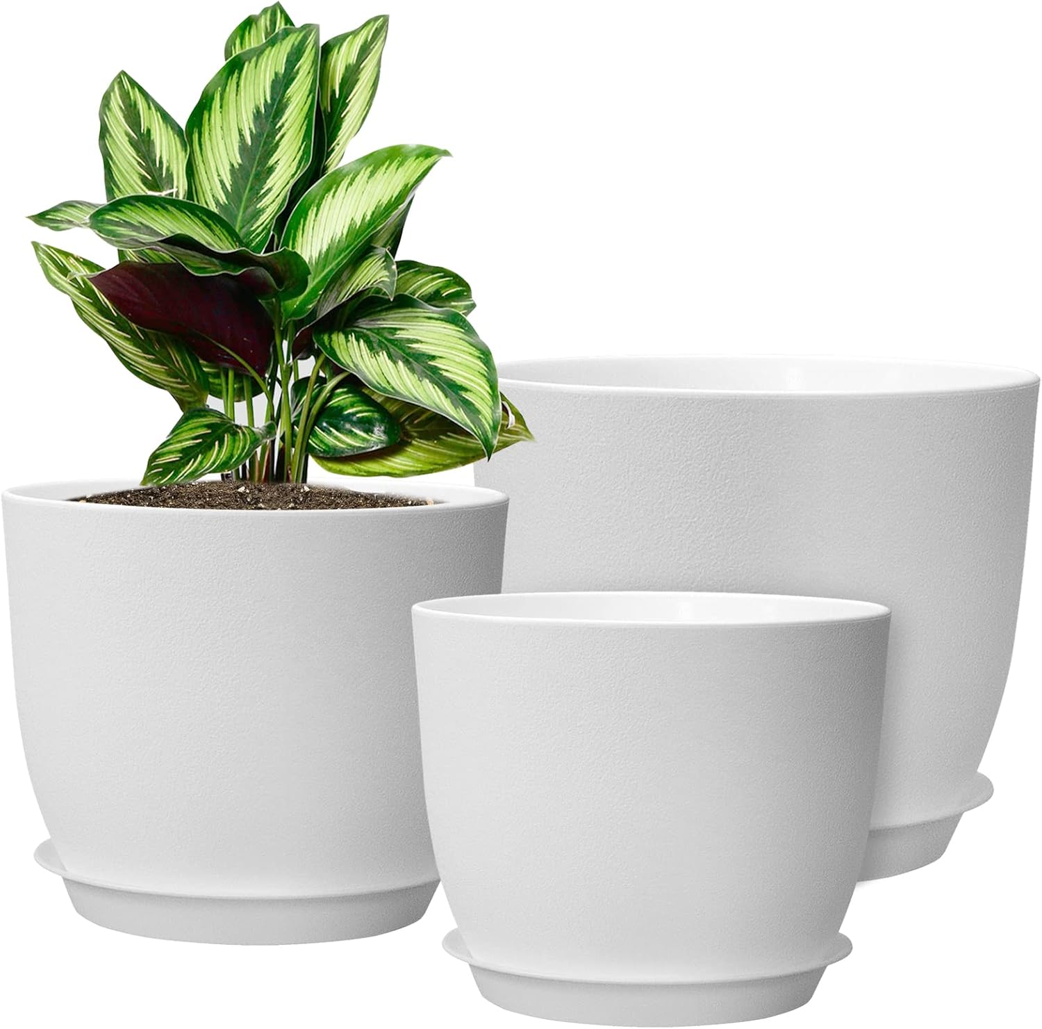 WOUSIWER Plant Pots 10/9/8 inch, Set of 3 Modern Decorative Plastic Planters wit...