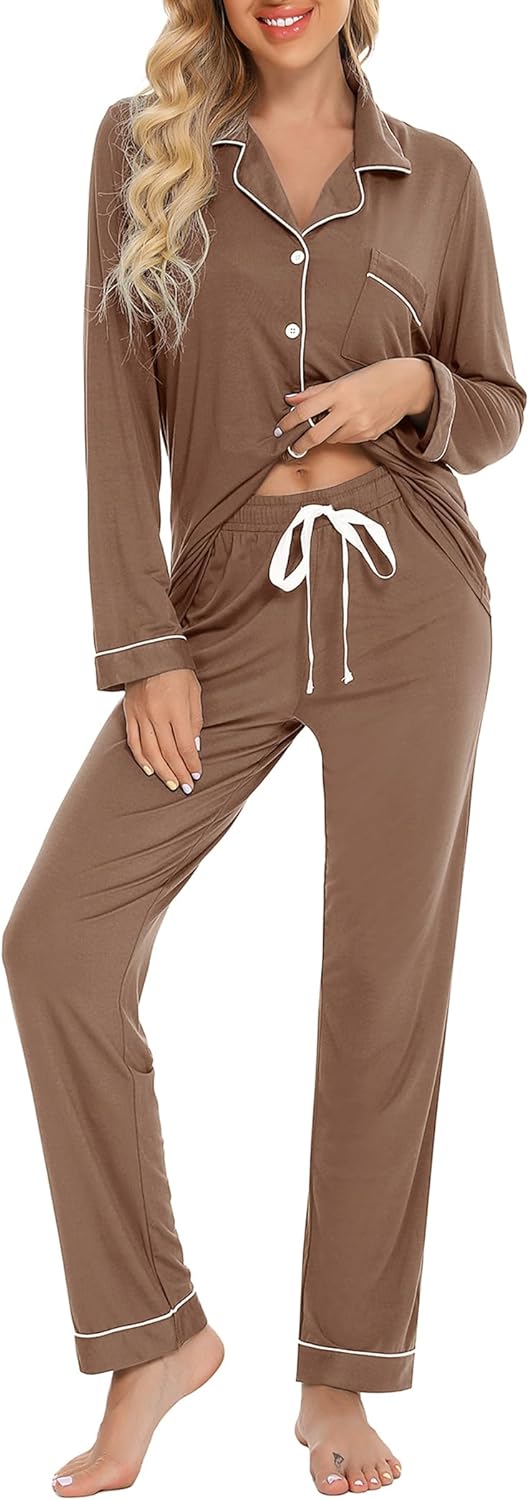 Pjmlifecoco Pajamas Set, Special Long Sleeve Womens Button Down Sleepwear, High-...