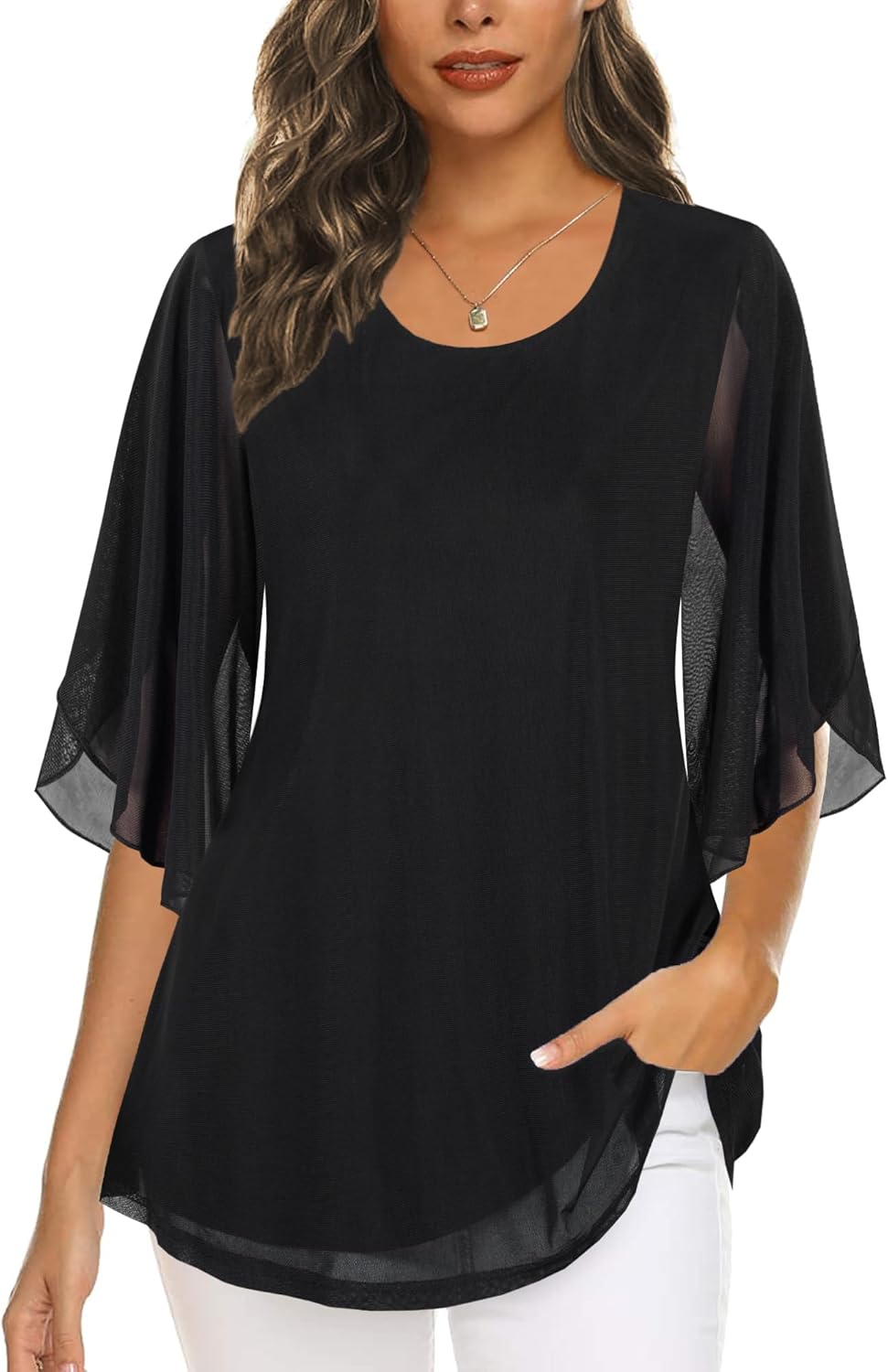 Ninedaily Women's Tops 3/4 Sleeve Blouses Dressy Casual Double Layers Mesh Tunic...