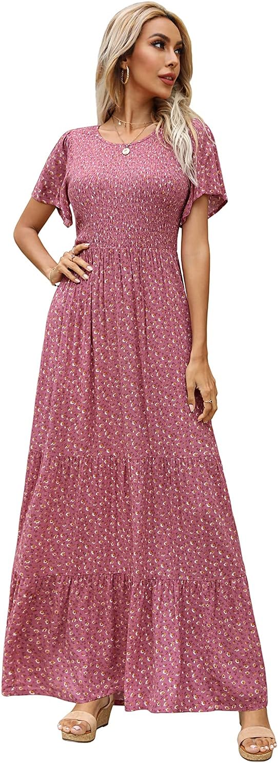 kranda maxi dress Kranda Summer Dresses for Women 2026 Spring Collared V-Neck Short Sleeve Button Down Casual Swing Flowy Long Beach Chiffon Boho Floral Maxi Dress with Pockets Aqua Green Leaf,Small at Amazon Women's Clothing