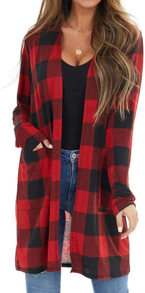 Dressmine Women's Long Sleeve Open Front Cardigan Buffalo Plaid Knitted Coat Out...