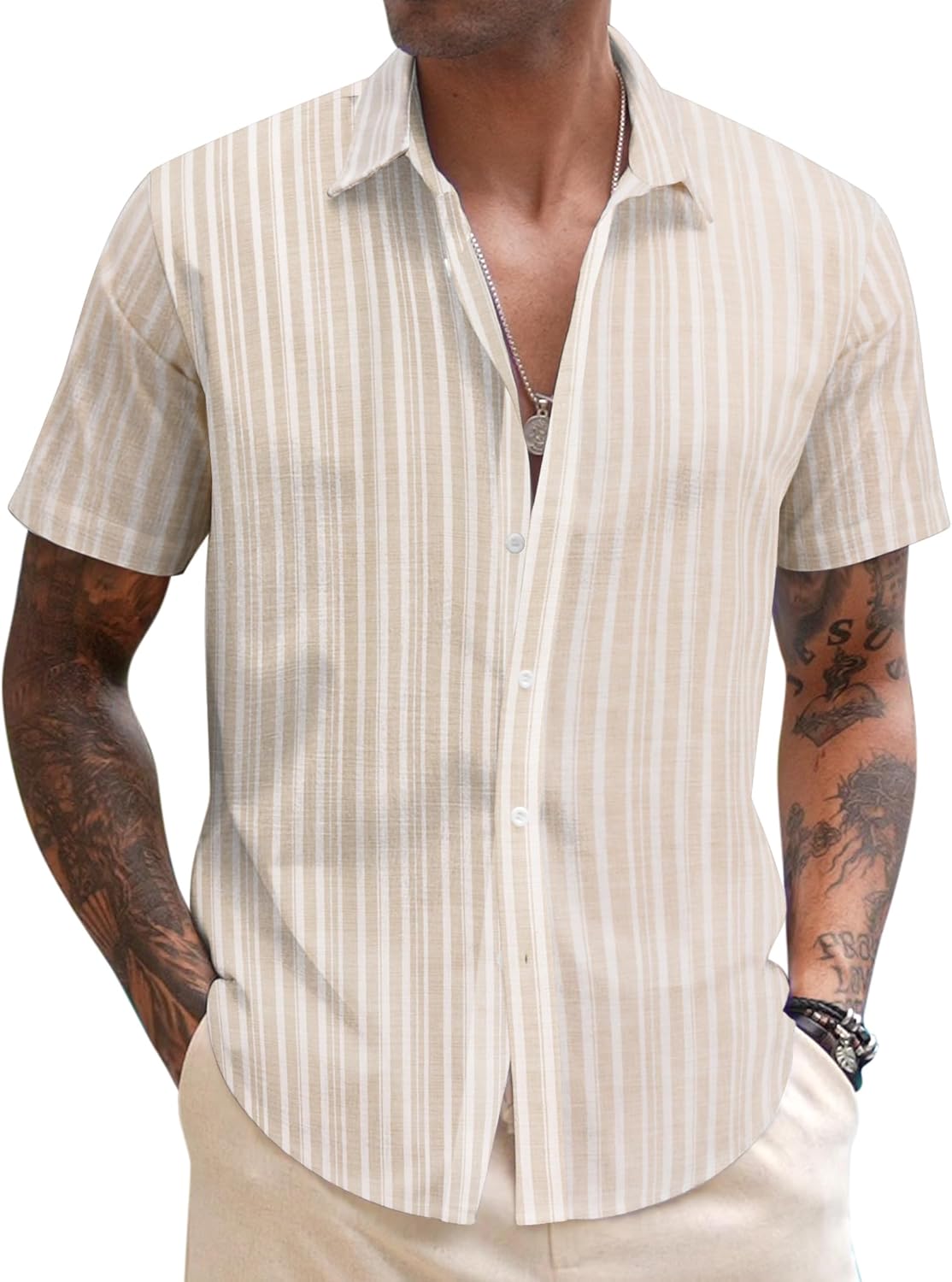 COOFANDY Mens Linen Casual Short Sleeve Shirt Button Down Summer Beach Shirts Me...