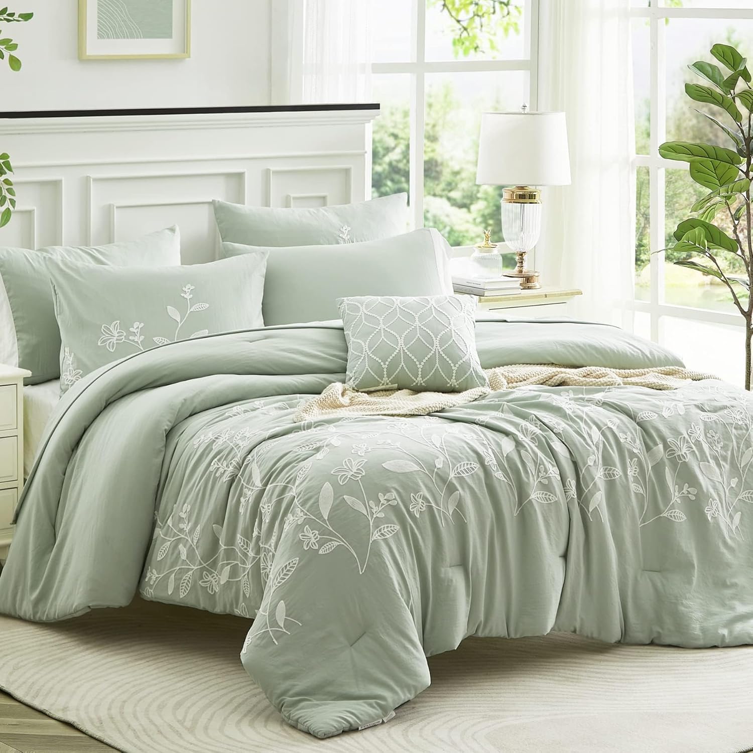 MaiRêve Green King Size Comforter Set with Sheets 7 Piece, Embroidery Floral Far...