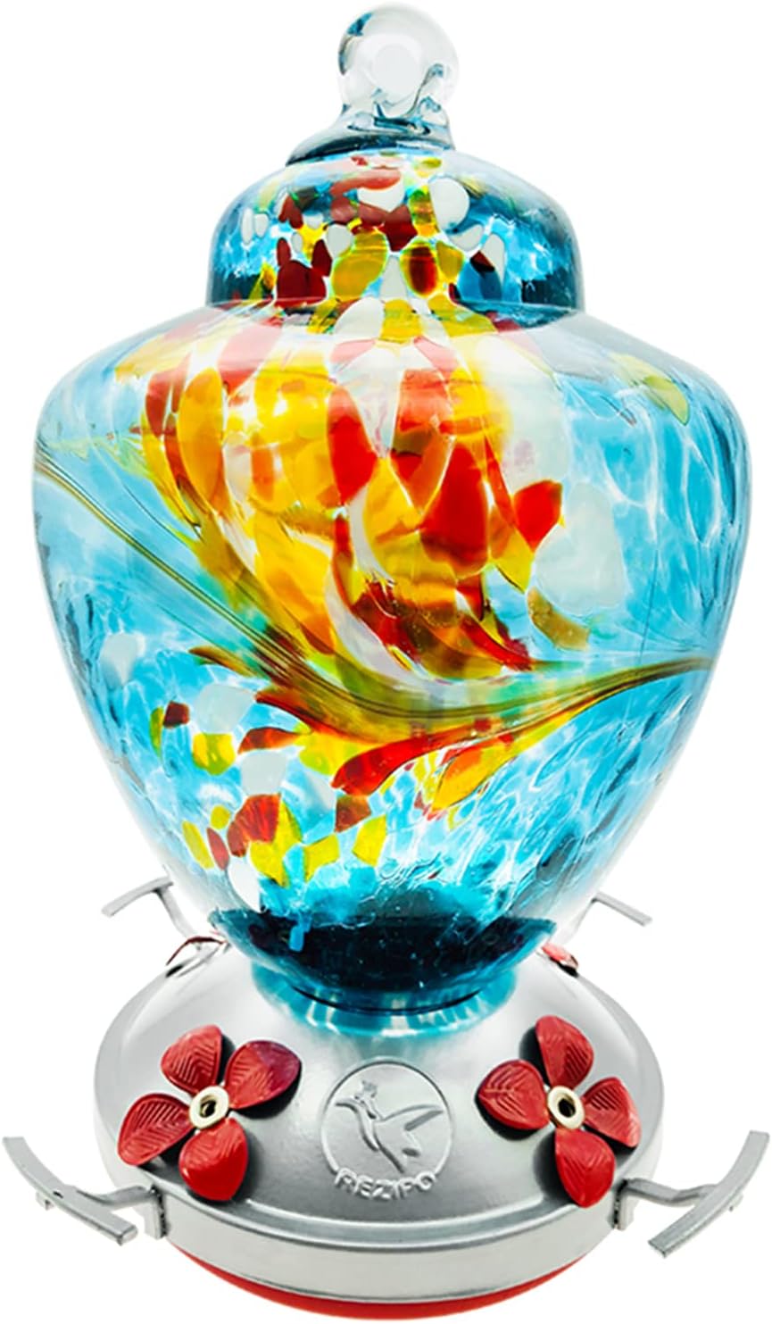 REZIPO Hummingbird Feeder with Perch - Hand Blown Glass - Blue - 38 Fluid Ounces...