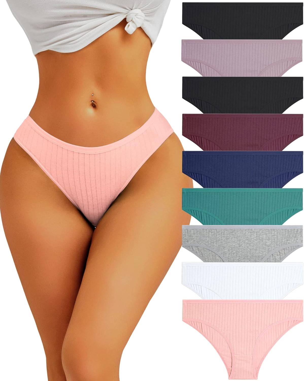 FINETOO 9 Pack Cotton Underwear for Women Sexy Low Rise Ribbed Hipster Breathabl...