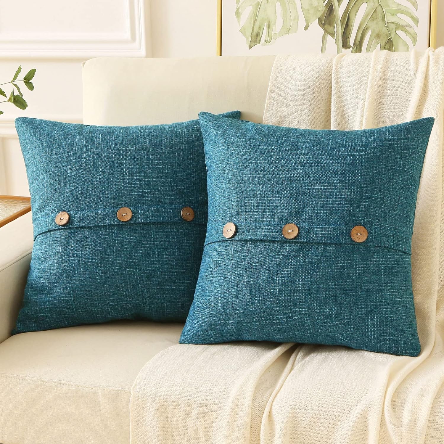 HAUSSY Teal Linen Decorative Throw Pillow Covers 14x14 Inch Set of 2,Square Cush...