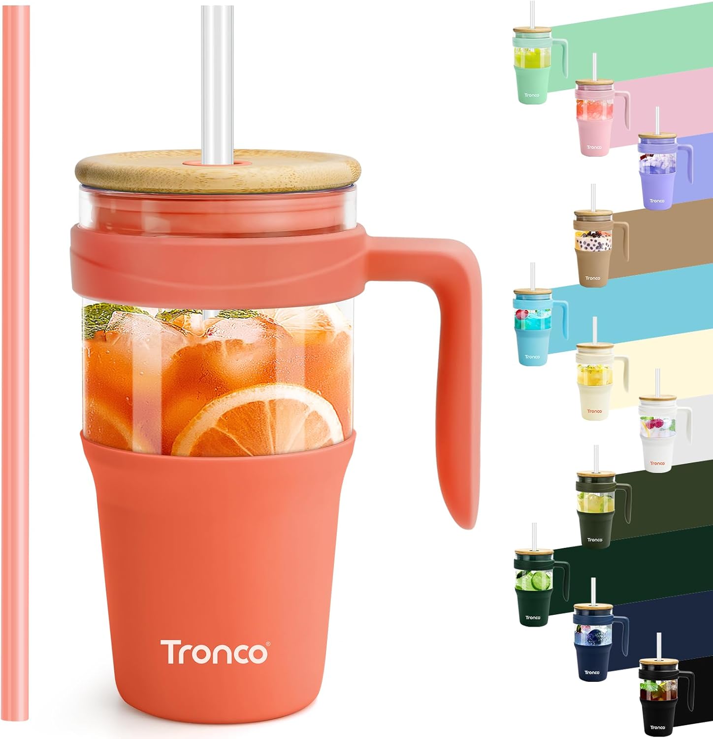Tronco 32 oz Glass Tumbler with Handle, Glass Tumbler with Straw and Bamboo Lid,...