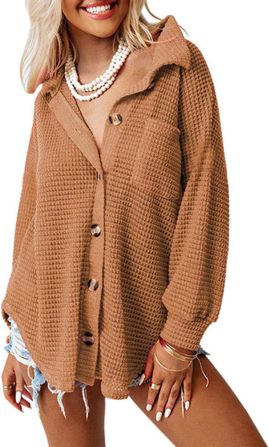 Dokotoo Womens Waffle Knit Shacket Jacket Casual Long Sleeve Button Down Shirts...