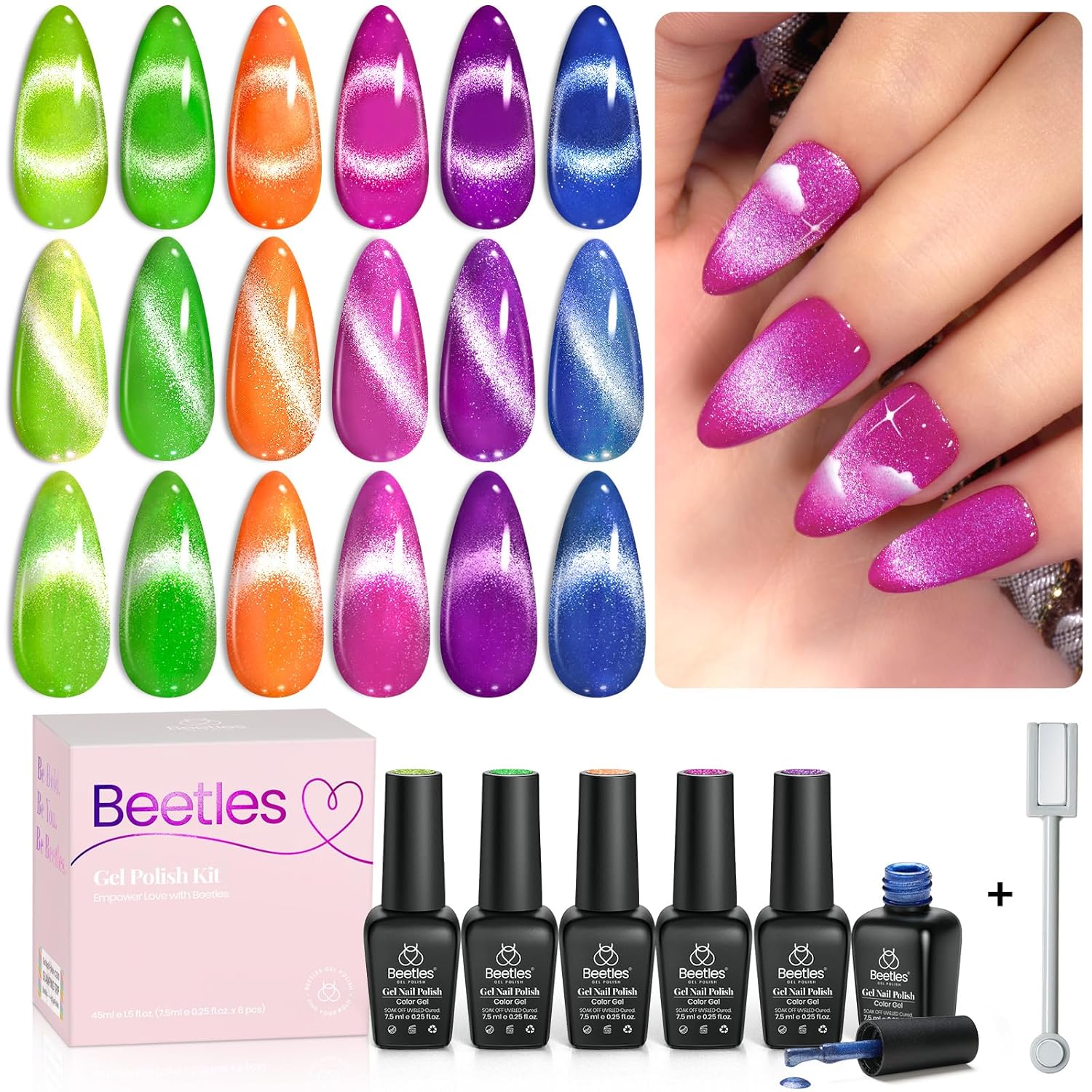 Beetles 6 Colors Summer Neon Cat Eye Gel Nail Polish Kit with Double-ended Magne...