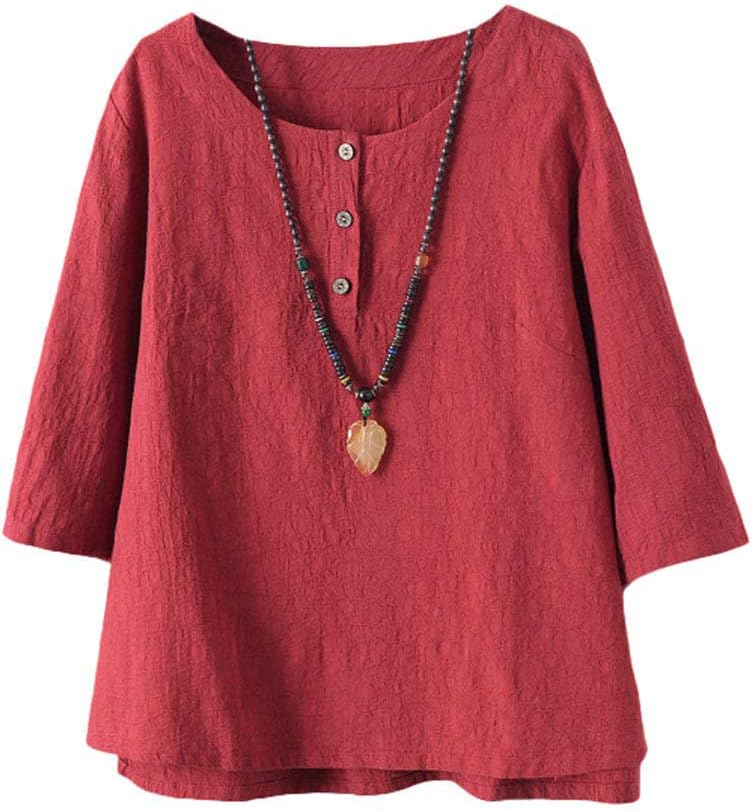 Minibee Women's 3/4 Sleeve Cotton Linen Jacquard Blouses Top T-Shirt X-Large Red