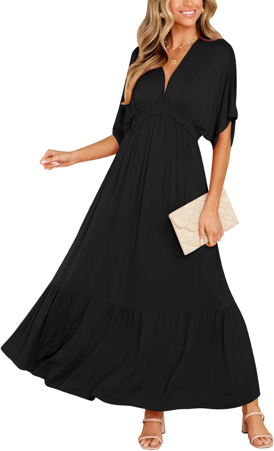 DEEP SELF Women’s Summer V Neck Batwing Short Sleeve Maxi Dress Casual Loose Hig...