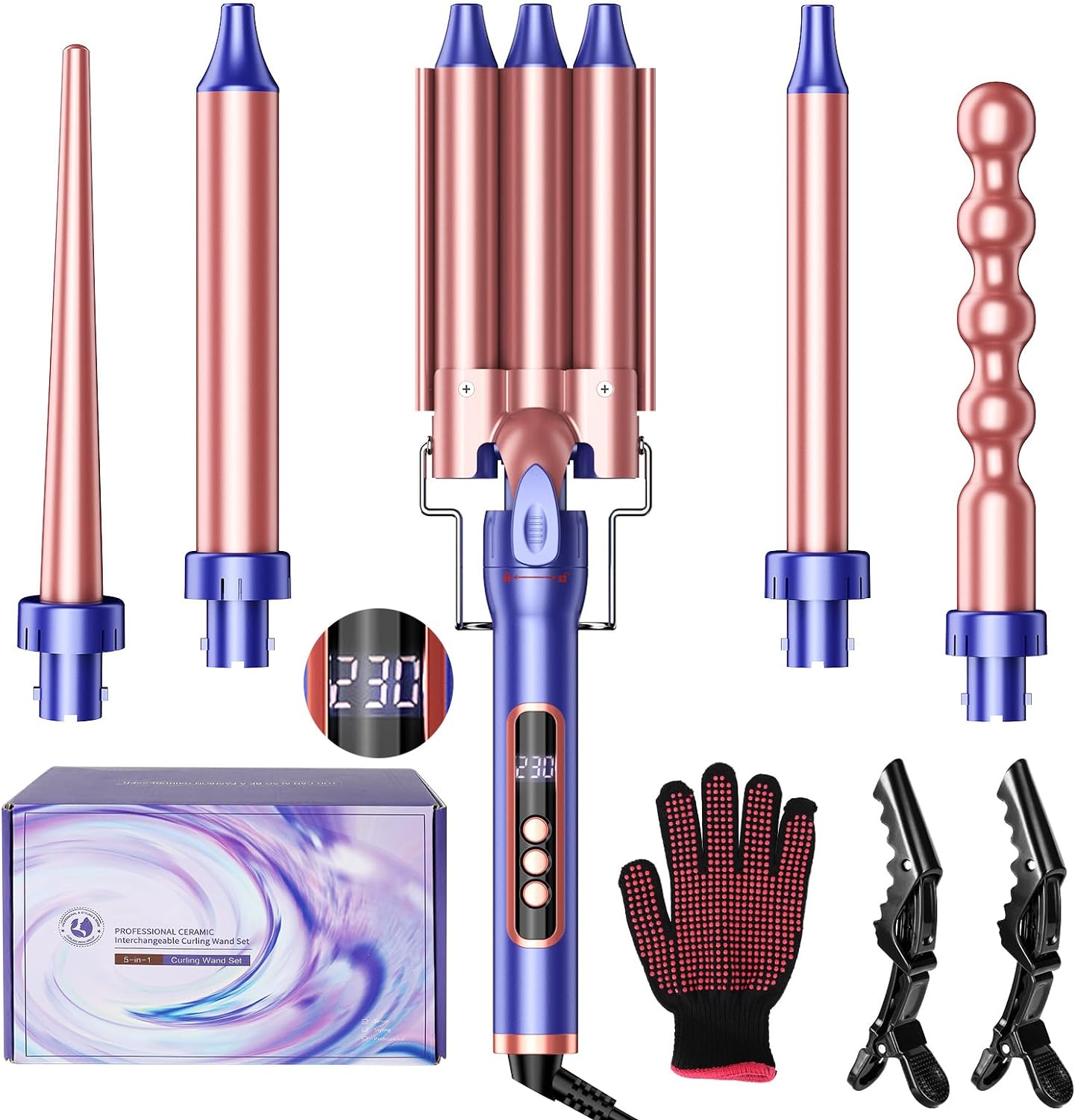Hair Curler, 5 in 1 Curling Wand Set with 3 Barrel...