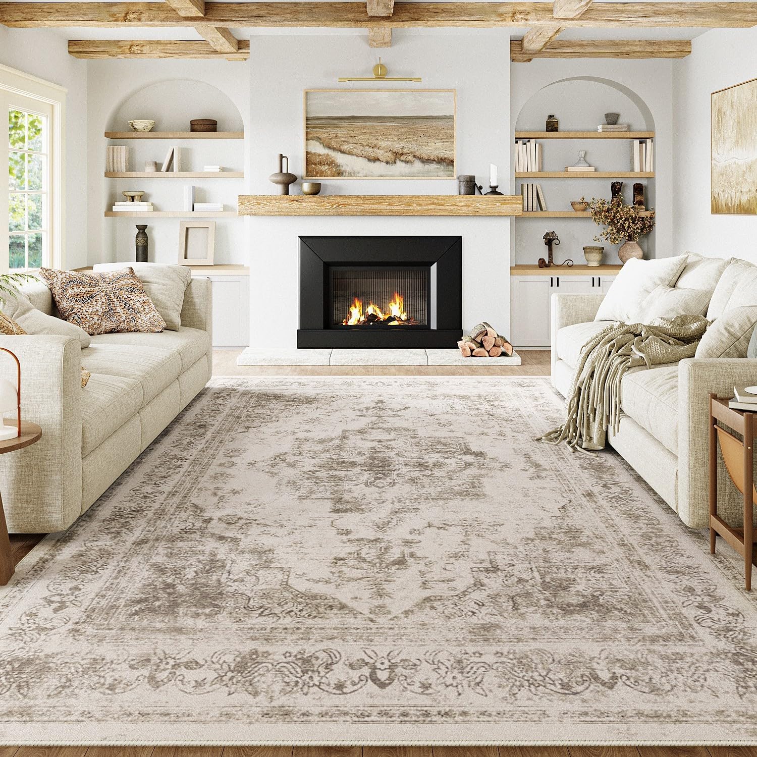 Area Rug 9x12 Indoor Bedroom Rug Taupe Vintage Medallion Washable Living Room Ca...