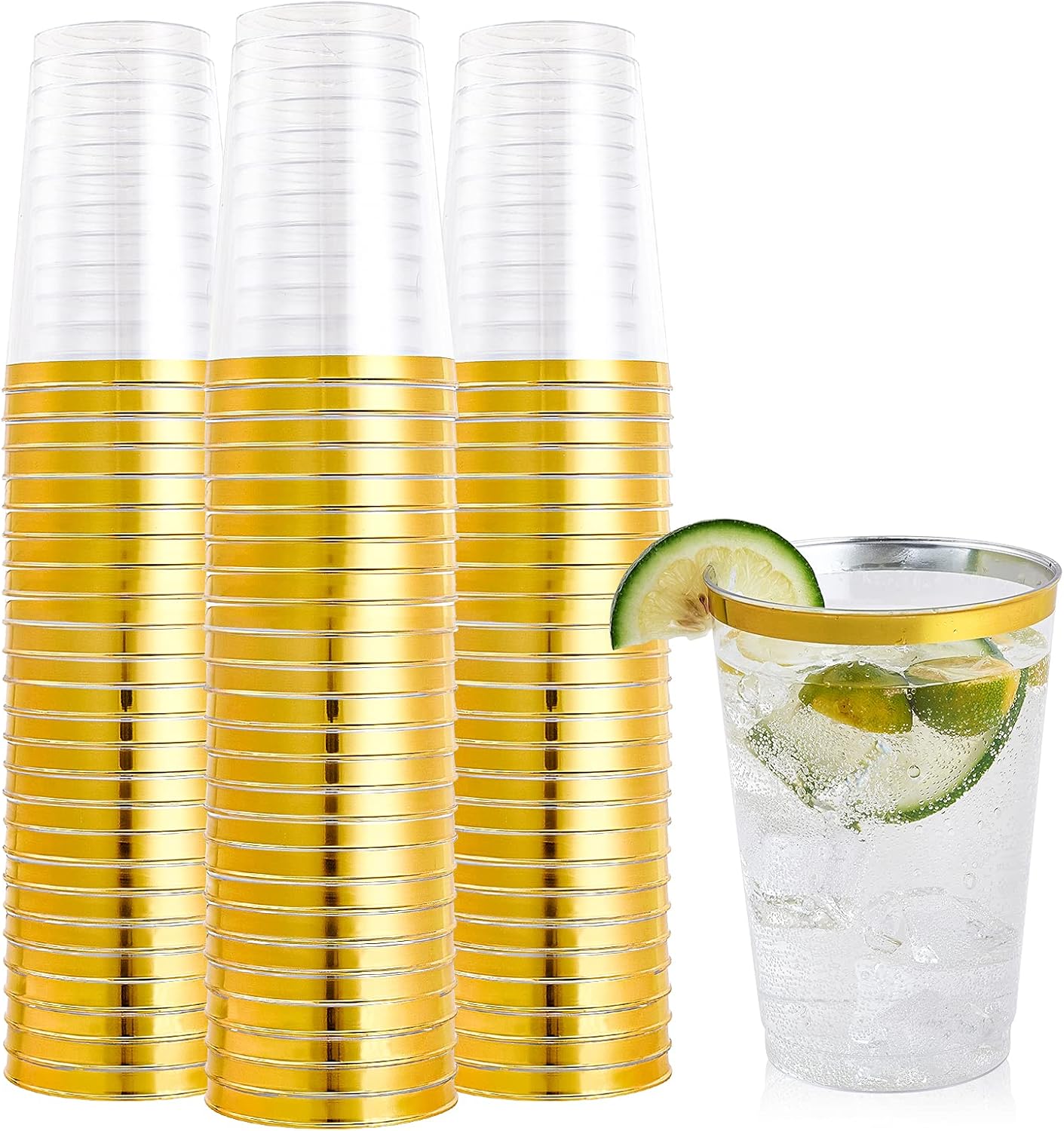 FOCUSLINE 100 Pack 12 oz Gold Rimmed Plastic Cups, 12 Ounce Clear Tumblers, Heav...
