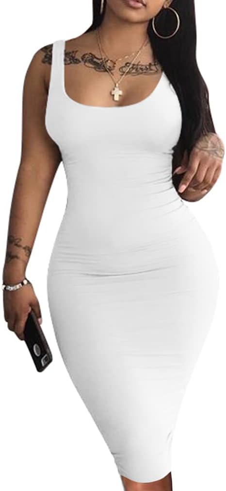 LAGSHIAN Women's Sexy Bodycon Tank Dress Sleeveless Basic Midi Club Dresses Medi...