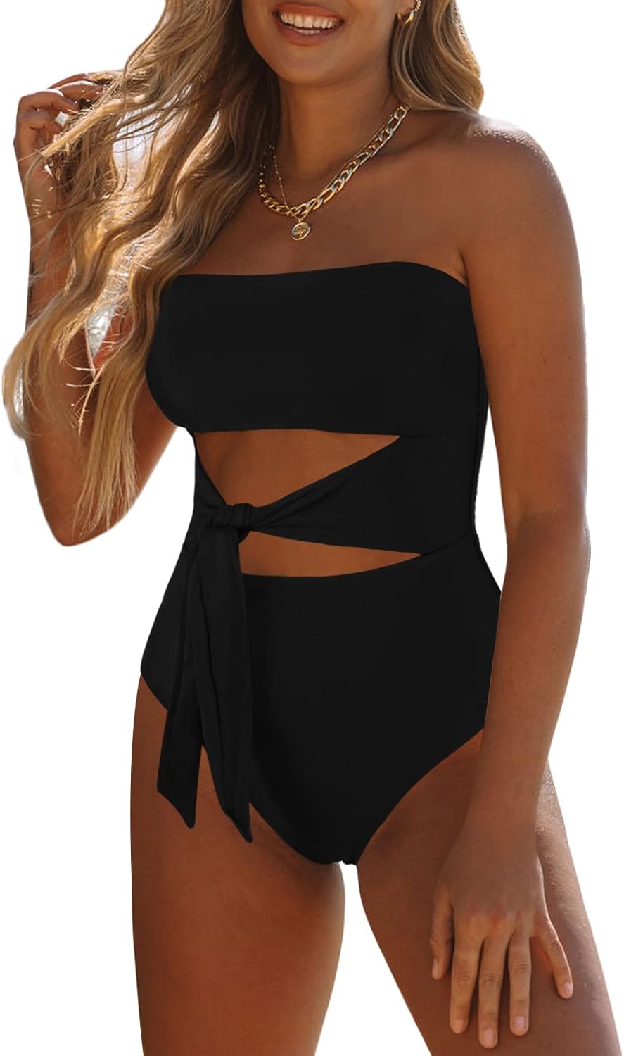 Viottiset Women's Bandeau One Piece Swimsuit Strapless Tie High Cut Out Bathing...